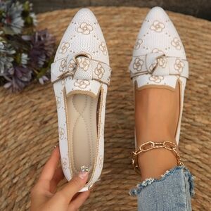 Pointed Bow Top Knit Contrasting Print Ballet Flat Casual Loafer Slip-on Shoes